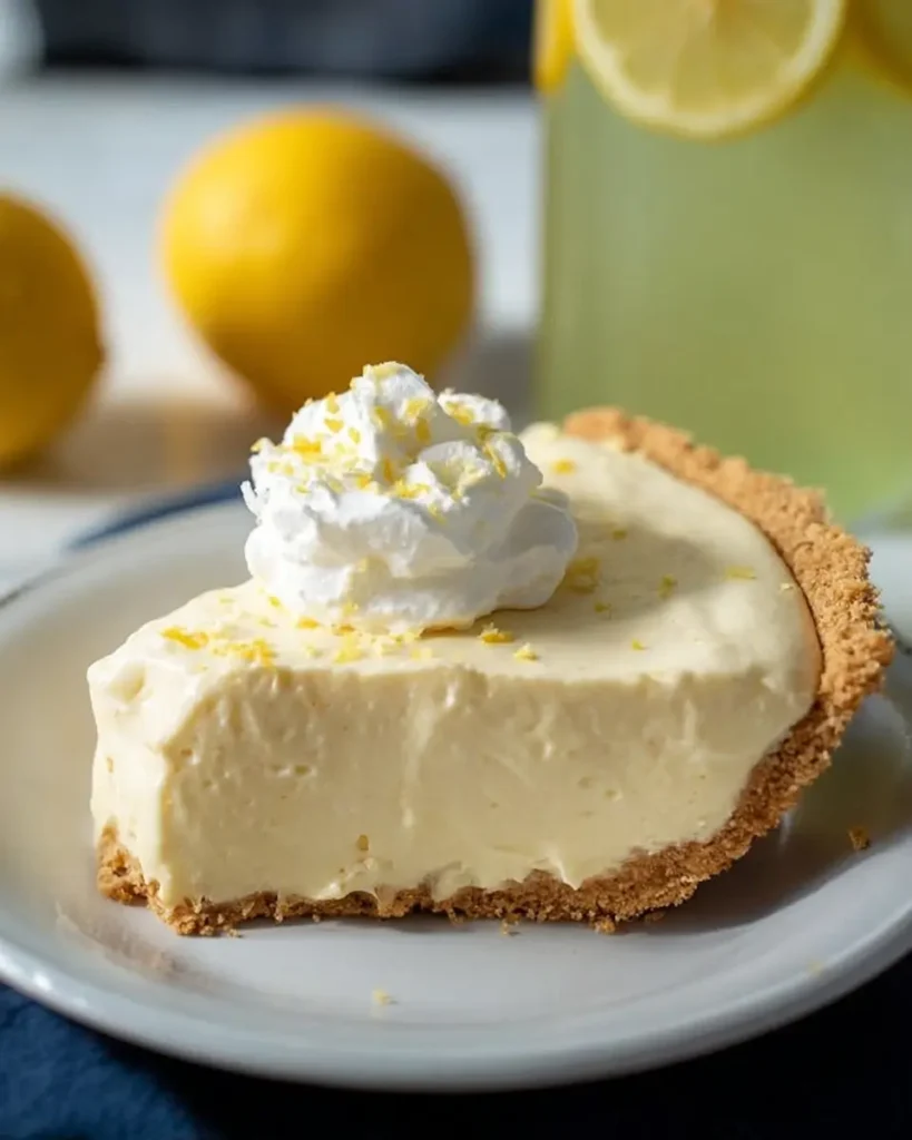 Lemonade Pie slice topped with whipped cream on a graham cracker crust