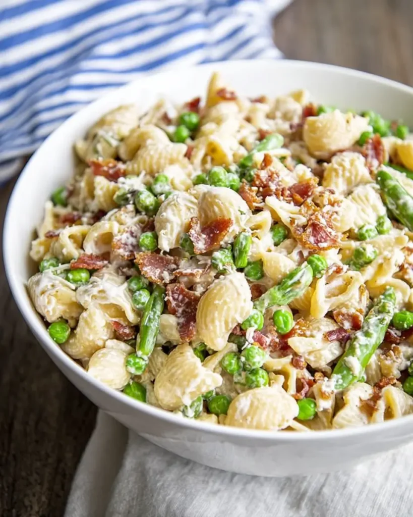 Creamy Summer Pasta Salad with shell pasta, peas, asparagus, and crispy bacon