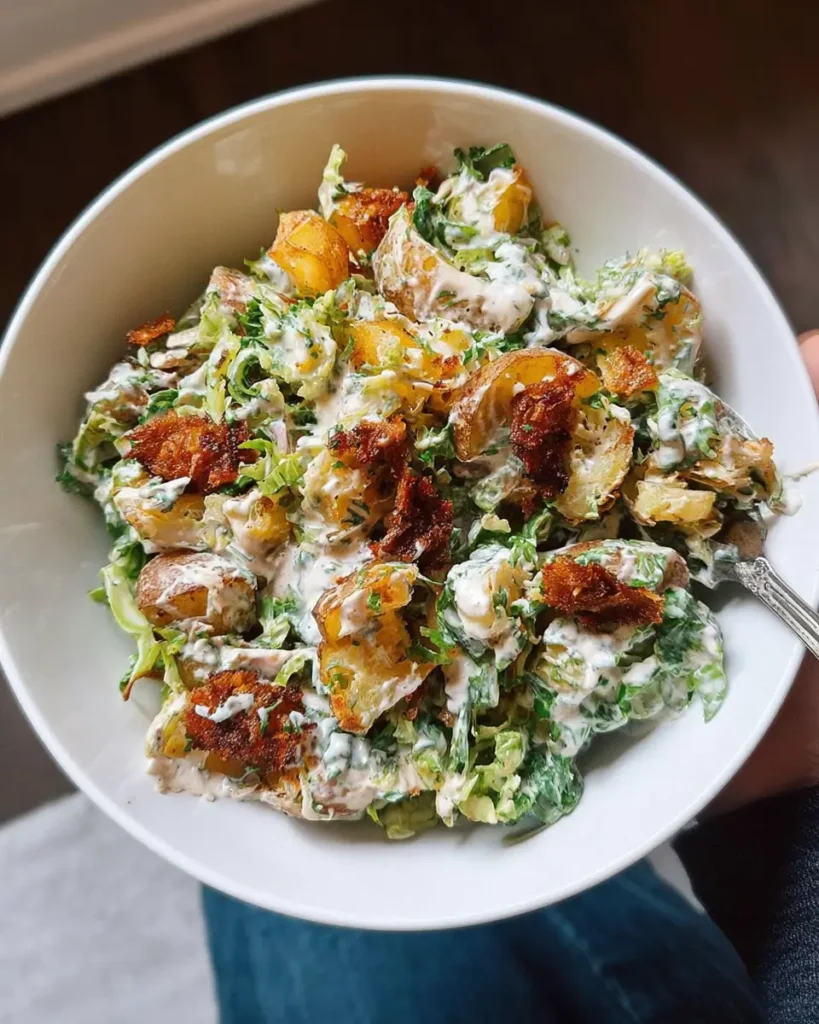 Crispy Smashed Potato Salad served with creamy herb dressing and crispy potato pieces