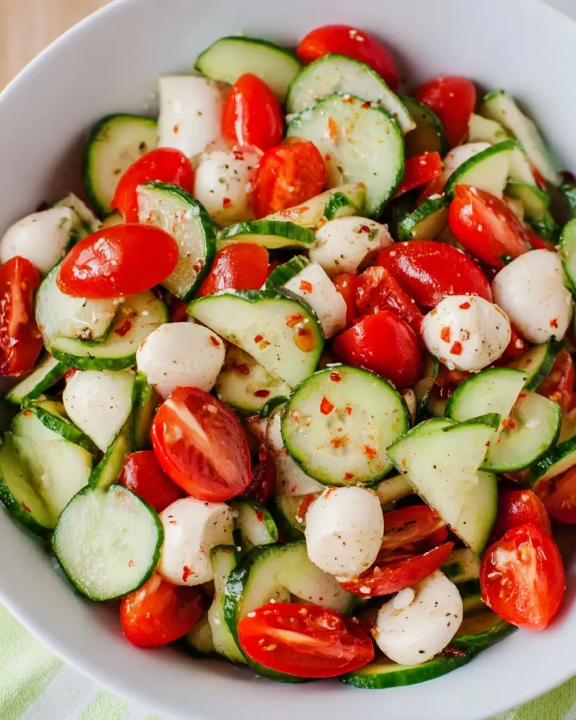 Cucumber Caprese Salad with cherry tomatoes, mozzarella pearls, and fresh cucumber slices