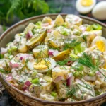 Dill Pickle Potato Salad with creamy dressing and crunchy pickles