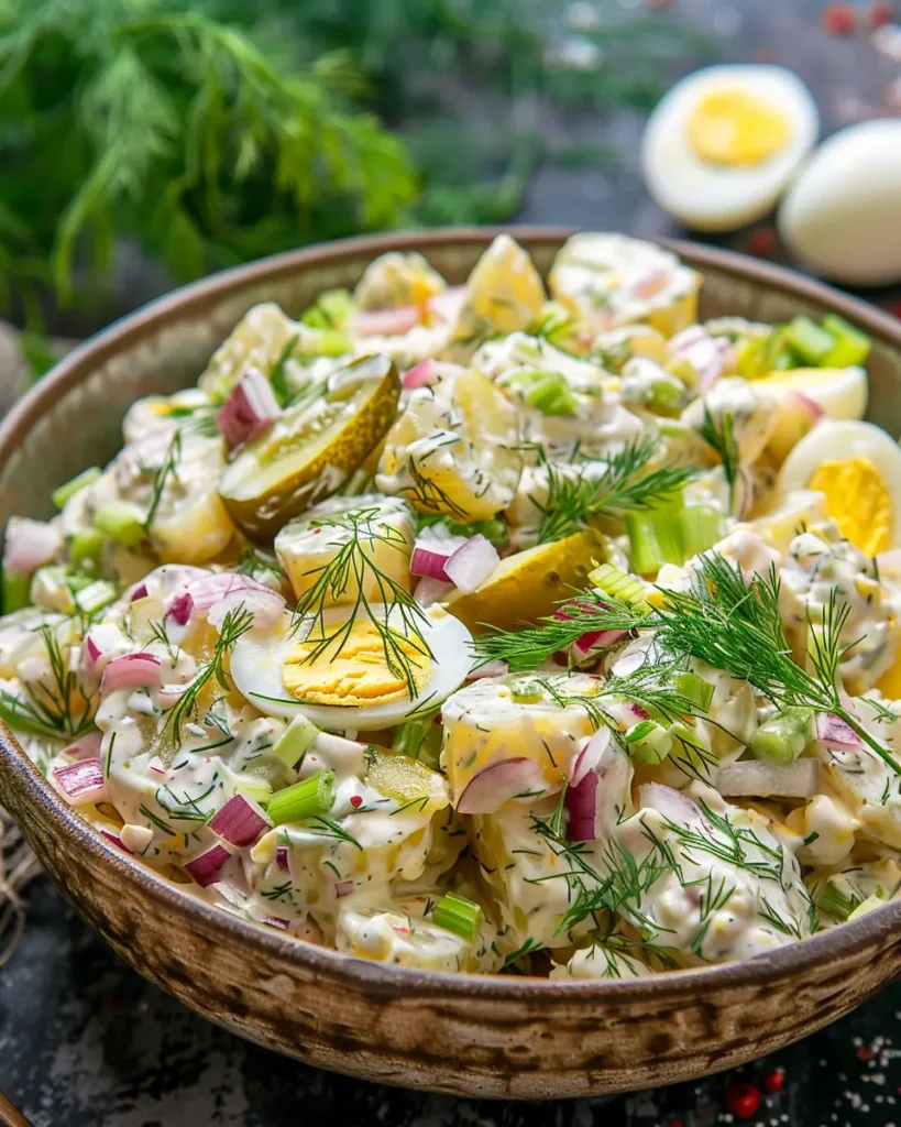 Dill Pickle Potato Salad with creamy dressing and crunchy pickles
