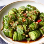Easy Asian Cucumber Salad with sliced cucumbers, sesame seeds, peanuts, and spicy soy dressing