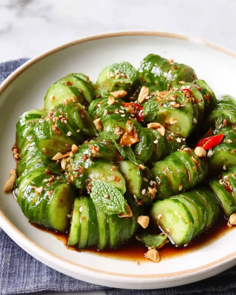 Easy Asian Cucumber Salad with sliced cucumbers, sesame seeds, peanuts, and spicy soy dressing