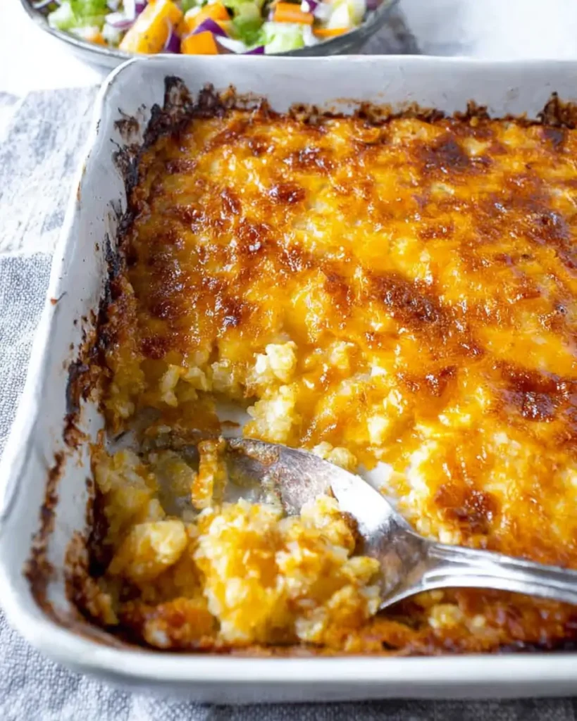 Easy BBQ Side Dishes cheesy baked casserole served in a baking dish