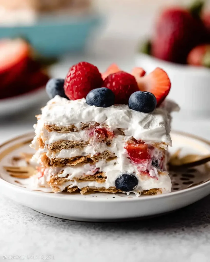 Easy Berry Icebox Cake layered with whipped cream, graham crackers, strawberries, raspberries, and blueberries
