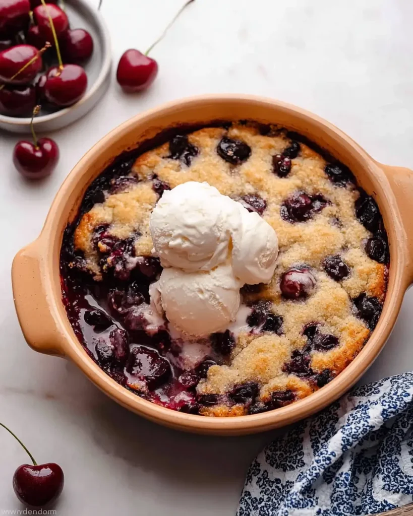 Easy Cherry Cobbler topped with vanilla ice cream and baked sweet cherries