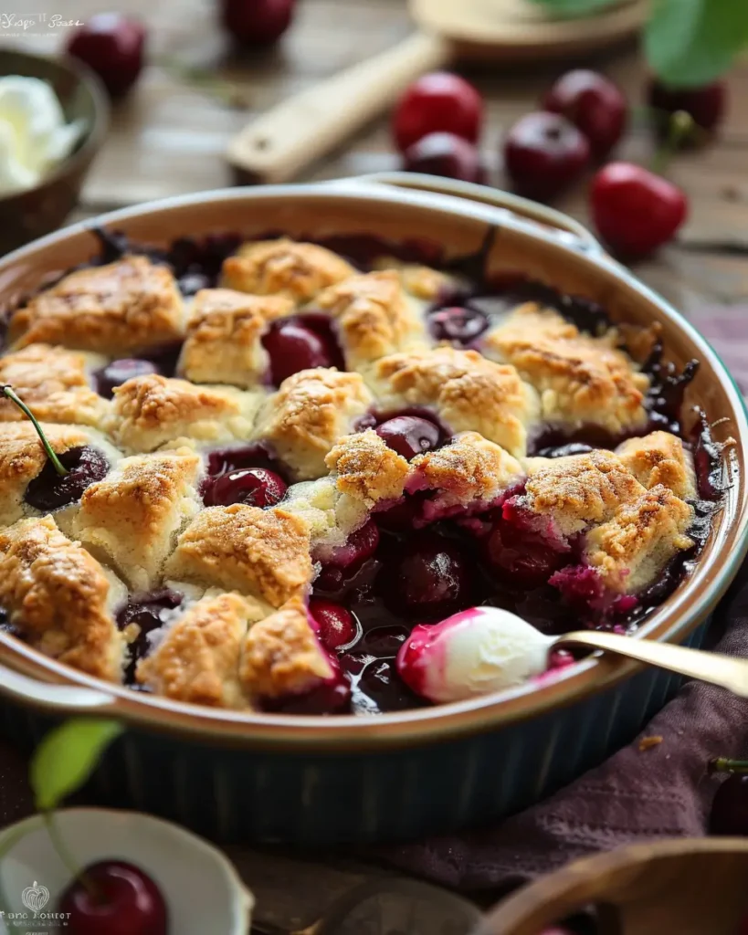 Easy Cherry Cobbler with golden topping and juicy cherry filling