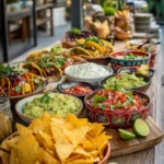 easy cinco de mayo party food with tacos nachos and colorful toppings