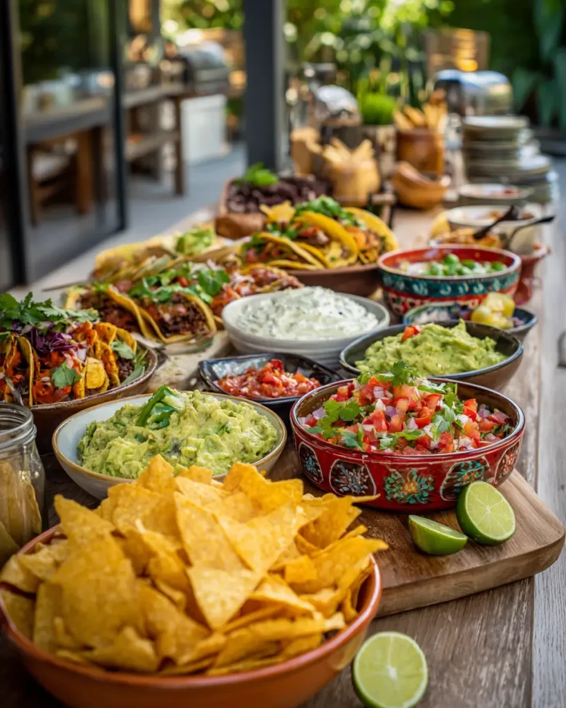 easy cinco de mayo party food with tacos nachos and colorful toppings