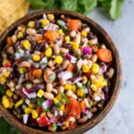 Easy Cowboy Caviar made with beans, corn, tomatoes, onions, and peppers in a wooden bowl