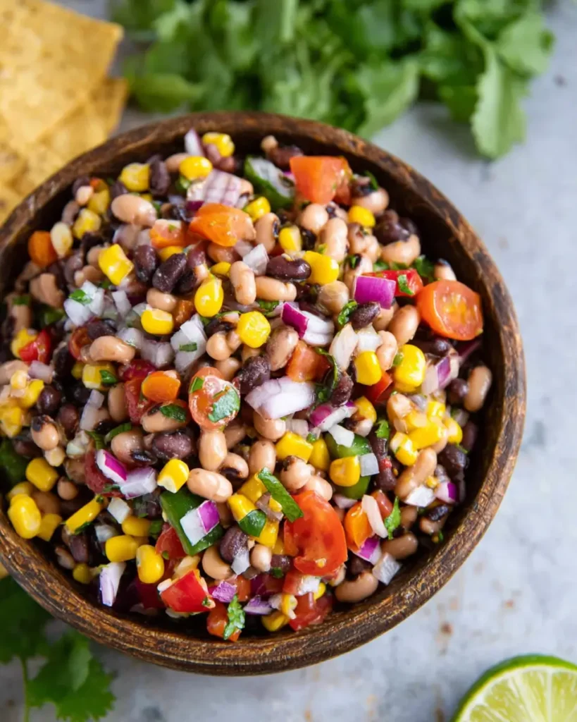 Easy Cowboy Caviar made with beans, corn, tomatoes, onions, and peppers in a wooden bowl