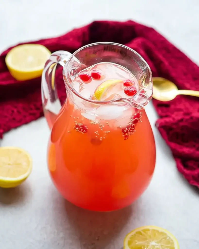 Easy Fruit Punch Beverage served in a glass pitcher with lemon slices, ice, and fresh fruit