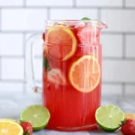 Easy Fruit Punch Drink served in a glass pitcher with orange slices, lime, strawberries, and ice