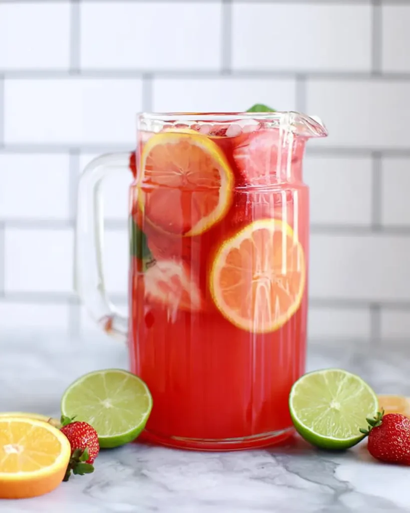 Easy Fruit Punch Drink served in a glass pitcher with orange slices, lime, strawberries, and ice