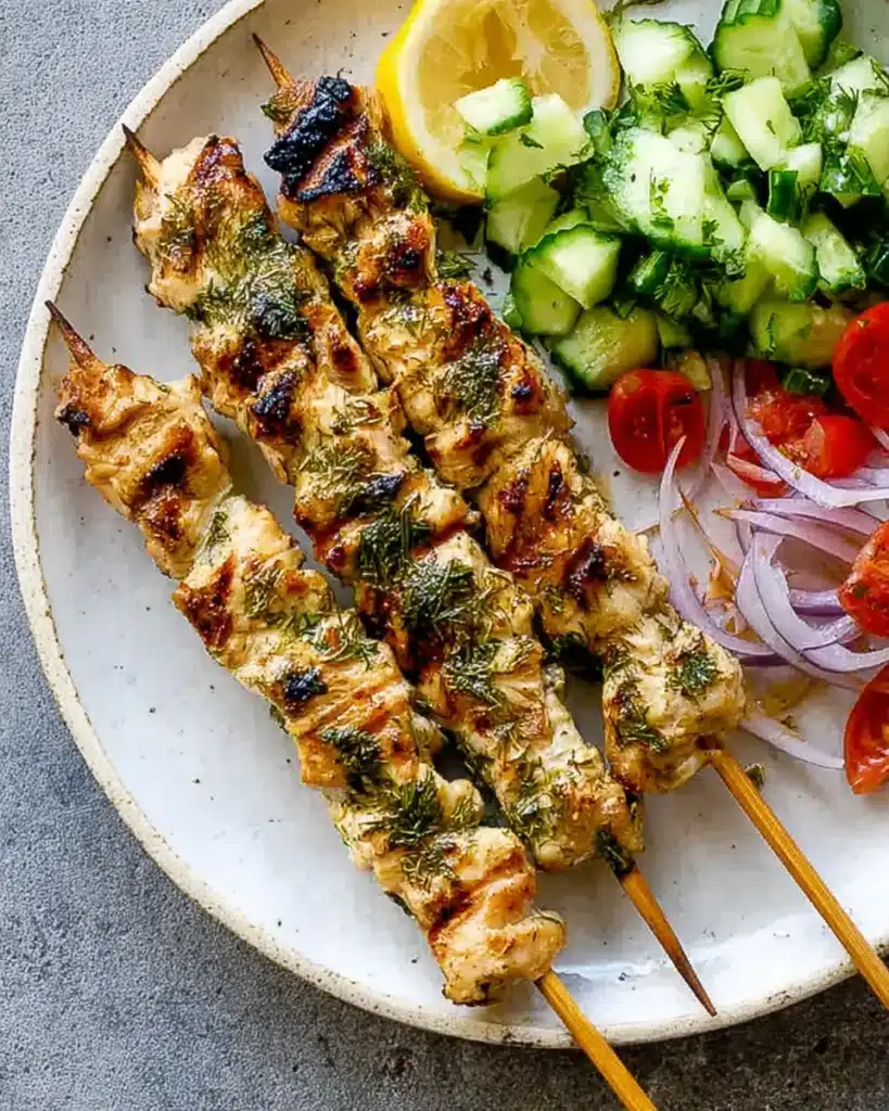 Easy Herby Lemon Skewers served with cucumber salad, tomatoes, onions, and lemon slices