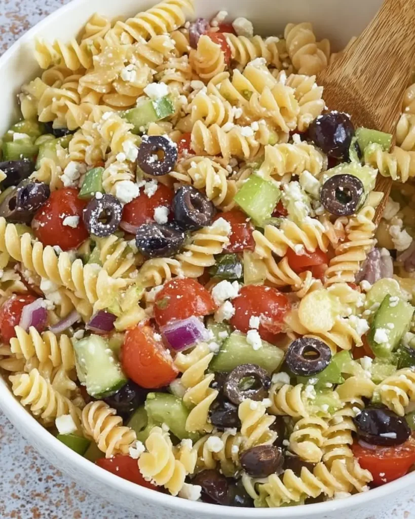 Easy Italian Pasta Salad with rotini pasta, olives, cucumbers, tomatoes, and feta cheese