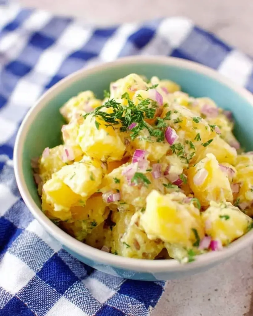 Easy No Mayo Potato Salad served with fresh herbs, red onions, and creamy light dressing