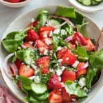 Easy Strawberry Feta Salad with spinach, cucumbers, red onion, and feta cheese