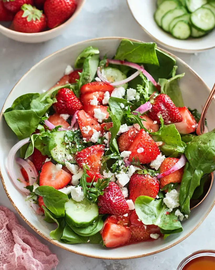 Easy Strawberry Feta Salad with spinach, cucumbers, red onion, and feta cheese