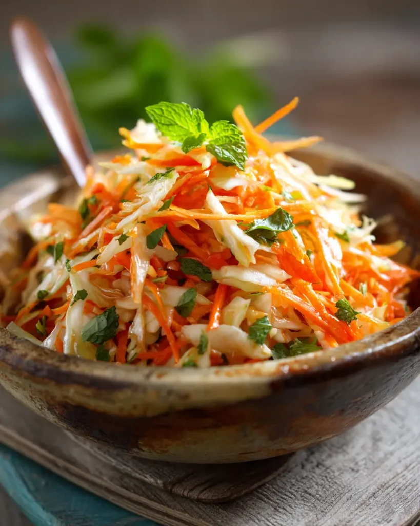 fermented cabbage salad with carrots and fresh herbs in a bowl