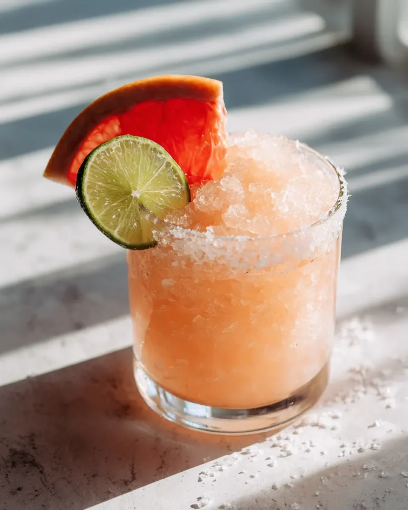 frozen paloma recipe with grapefruit slushy drink and citrus garnish