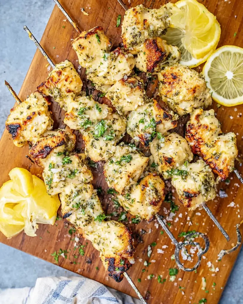 Garlic Parmesan Chicken Skewers grilled with herbs and served with fresh lemon slices