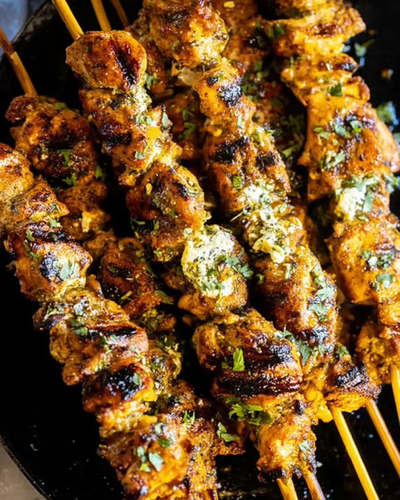 Garlic Parmesan Chicken skewers grilled with herbs and crispy charred seasoning