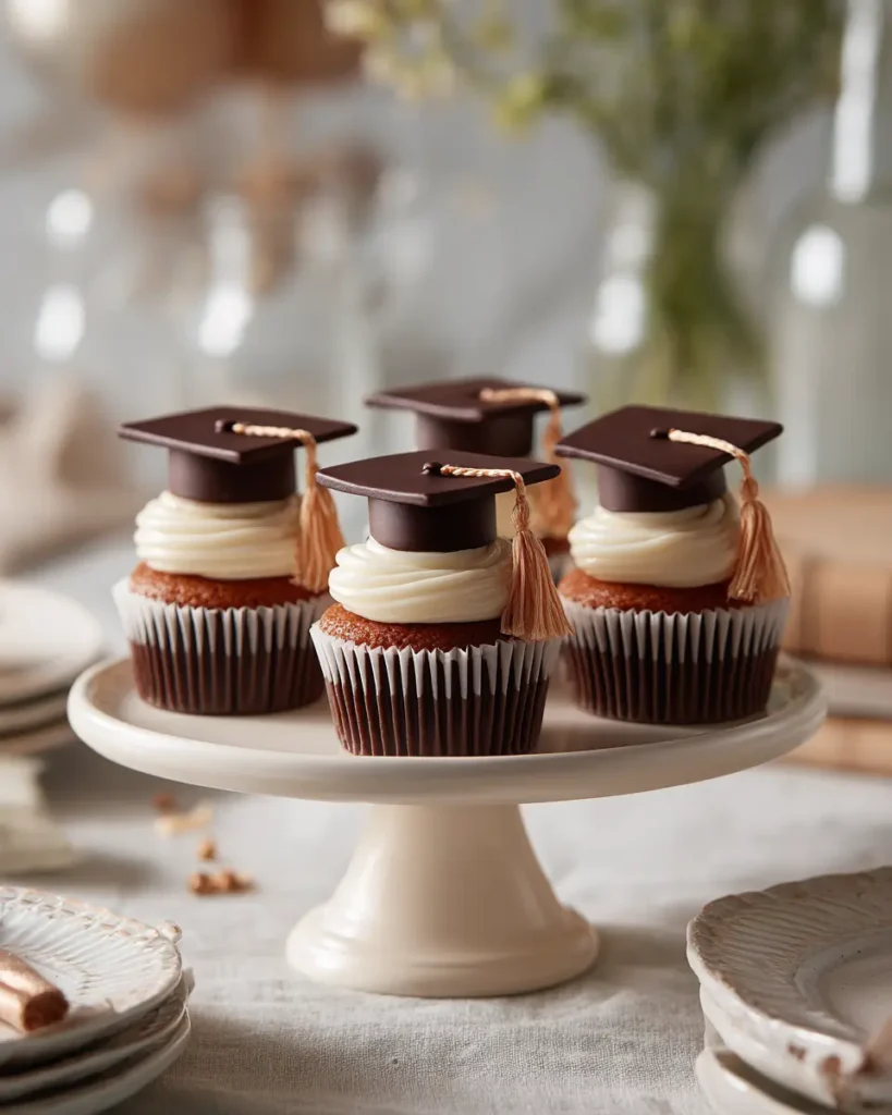 graduation cap cupcakes with chocolate toppers and decorative tassels