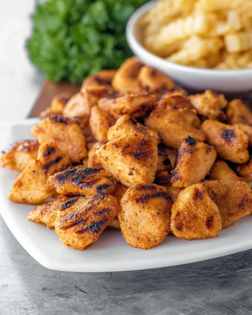 Close-up of grilled chicken nuggets with crispy char marks served on a white plate beside fries