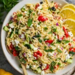 Lemon Orzo Salad with Feta, cucumbers, tomatoes, herbs, and fresh lemon slices