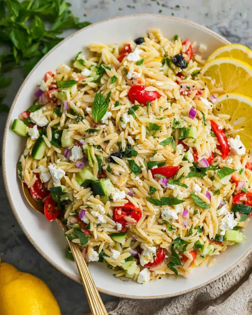 Lemon Orzo Salad with Feta, cucumbers, tomatoes, herbs, and fresh lemon slices