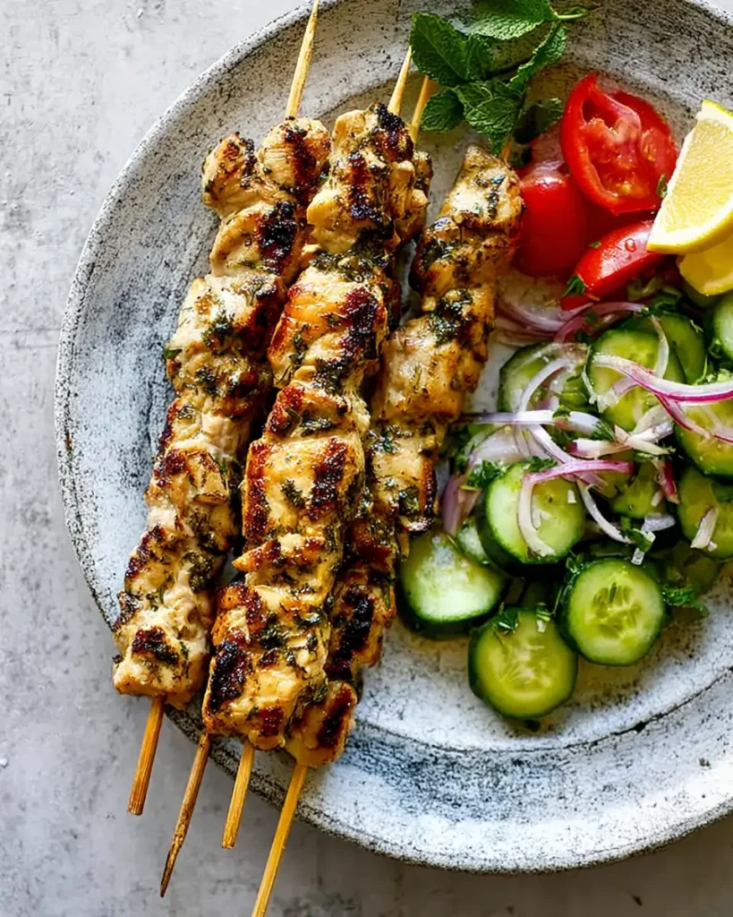 Lemon Skewers with grilled chicken served alongside cucumber salad and fresh lemon wedges