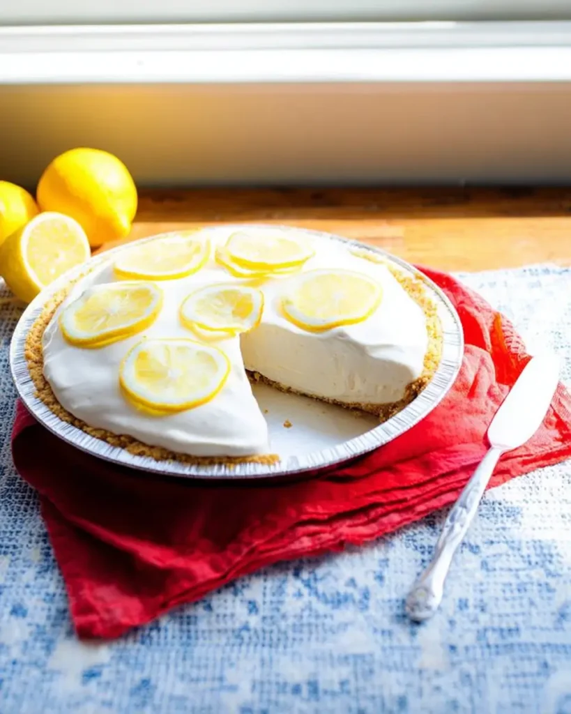 Lemonade Pie topped with whipped cream and fresh lemon slices on a graham cracker crust