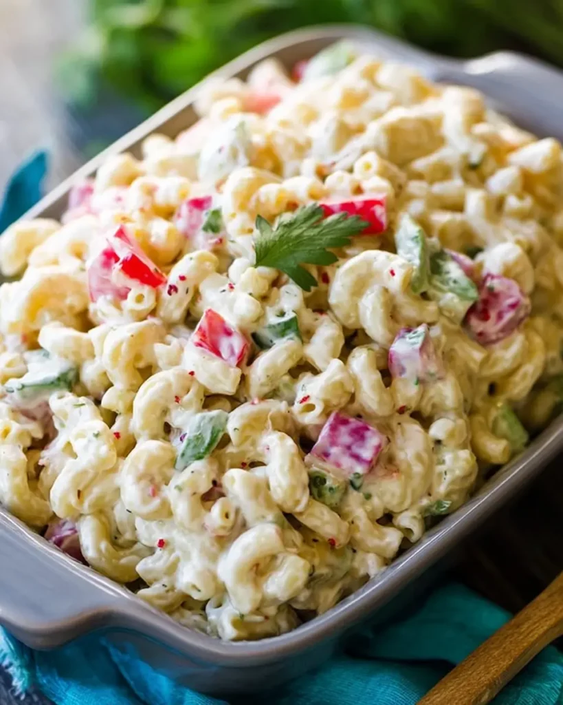 macaroni salad served in a dish with creamy dressing, red peppers, and fresh herbs