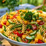 Memorial Day Pasta Salad with colorful vegetables and creamy dressing