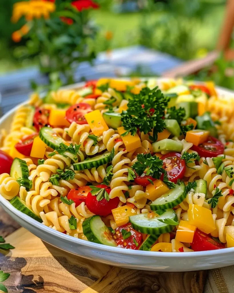 Memorial Day Pasta Salad with colorful vegetables and creamy dressing