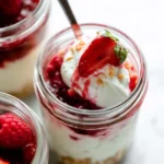 Mini Cheesecakes in Cheesecake Jars topped with strawberries and berry sauce in glass jars