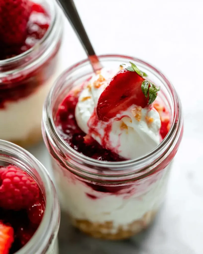 Mini Cheesecakes in Cheesecake Jars topped with strawberries and berry sauce in glass jars