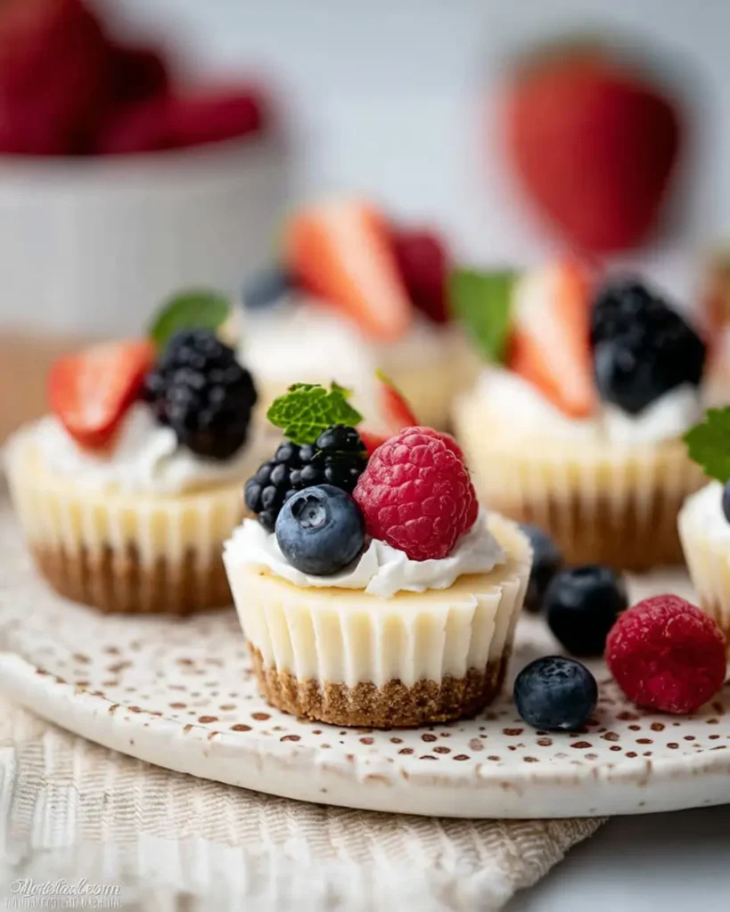 Mini Cheesecakes topped with blueberries, raspberries, blackberries, and strawberries