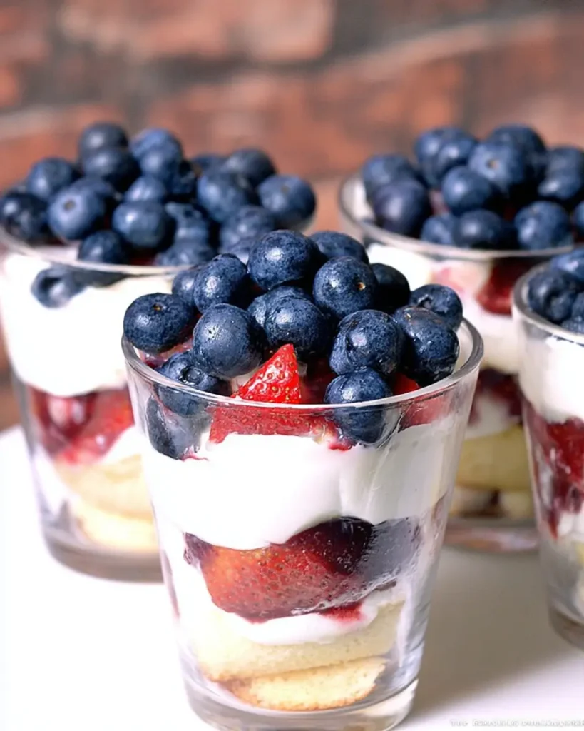 Mini Trifles with Mixed Berries layered with cake, whipped cream, strawberries, and blueberries