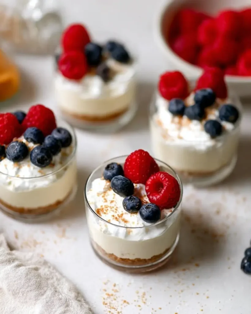 No-Bake Cheesecake Cups topped with raspberries and blueberries in mini dessert glasses