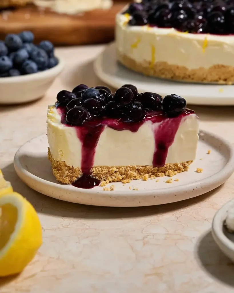 No-Bake Lemon Blueberry Dessert topped with blueberry sauce on a graham cracker crust