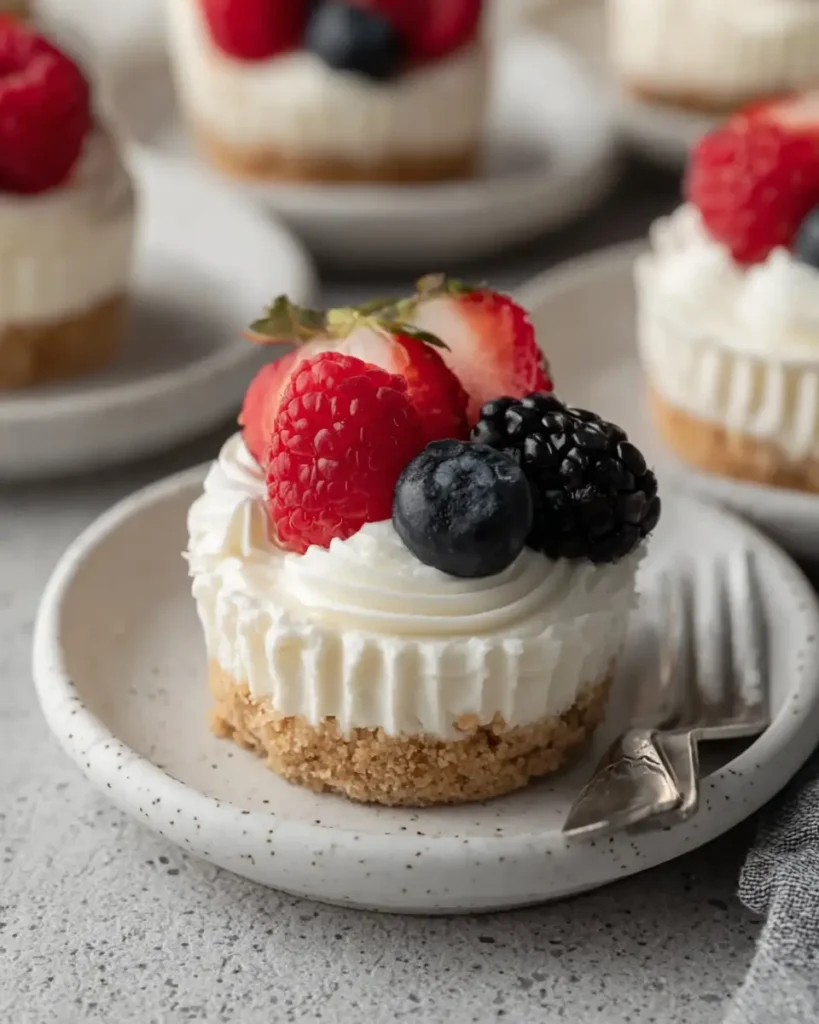 No Bake Mini Cheesecakes topped with strawberries, raspberries, blueberries, and blackberries