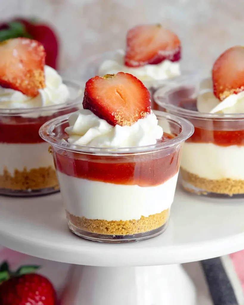 No-Bake Strawberry Cheesecake Cups layered with strawberry topping and graham cracker crust