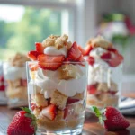 No-Bake Strawberry Shortcake Dessert Cups with fresh strawberries and cream