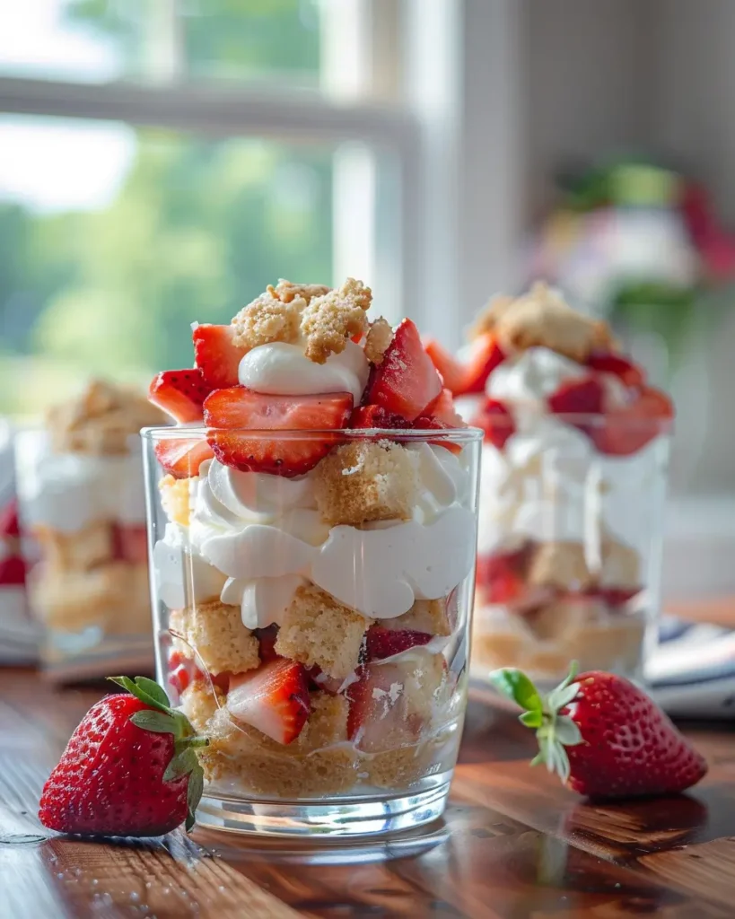No-Bake Strawberry Shortcake Dessert Cups with fresh strawberries and cream