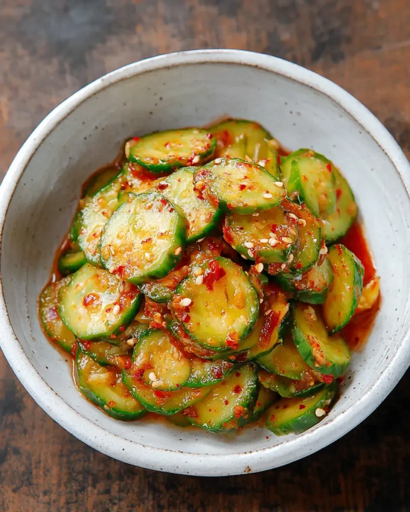 Oi Muchim Korean Cucumber Salad made with sliced cucumbers, sesame seeds, and spicy chili dressing