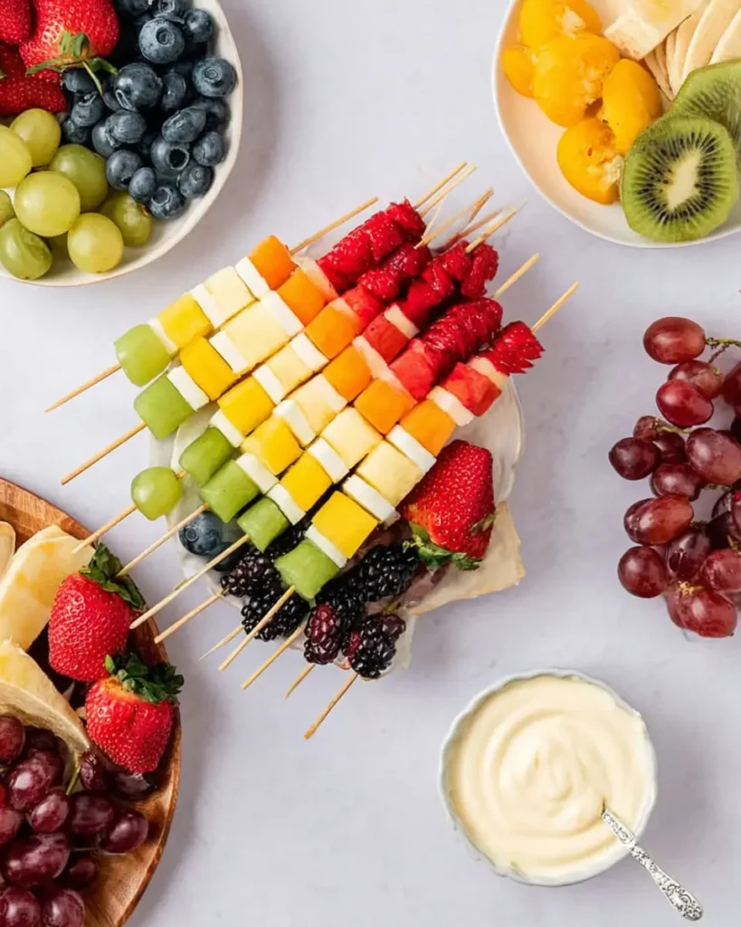 Rainbow Fruit Skewers with strawberries, grapes, melon, pineapple, and blackberries