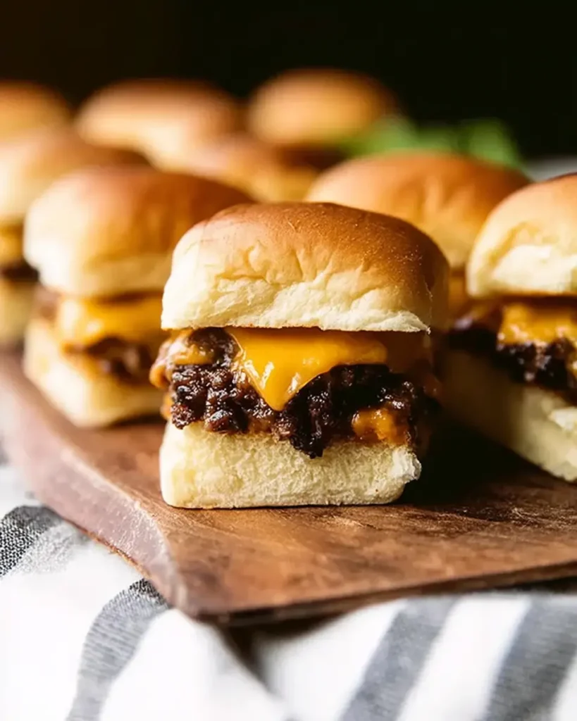 Close-up of cheesy smash burger sliders served on soft buns over a wooden board